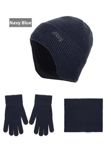 Three-piece navy blue winter set including knit beanie, warm gloves and neck gaiter scarf