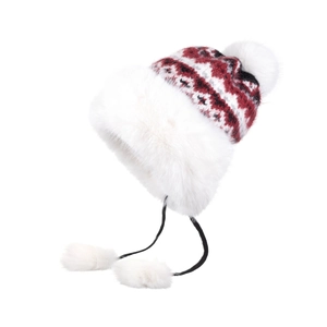 Winter thermal earflap hat featuring plush white faux fur and red geometric knit pattern