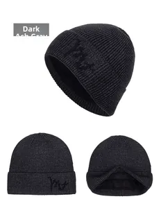 Close-up of dark heather gray knit beanie with Mt embroidery and warm fleece lining