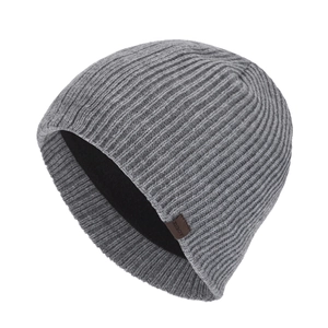 Winter thermal grey ribbed knit beanie for men with warm fleece lining and leather label