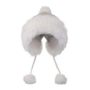 Winter fleece earflap hat with cream leather finish and soft white faux fur trim