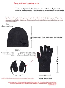 Winter set with dark grey beanie and touch-screen gloves showing detailed knit texture