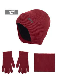 Three-piece wine red winter set with fleece-lined knit hat, scarf, and warm gloves