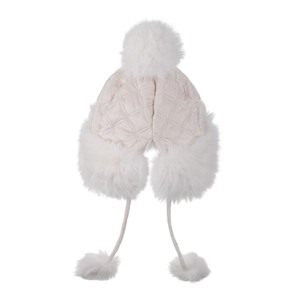 Winter faux fur trapper hat in cream white featuring quilted pattern and ear flaps