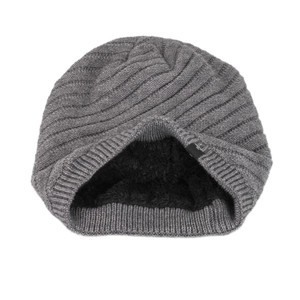 Men winter warm knit beanie with thick fleece lining and diagonal ribbed texture in dark grey