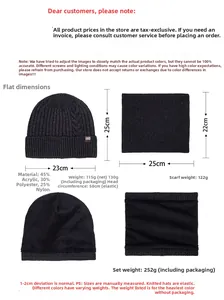 Detailed size chart for winter knit hat and neck warmer set showing item dimensions