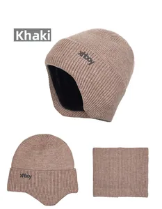Detail view of khaki winter knit set with thick fleece lining including hat and neck warmer