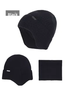 Detail view of black knitted thermal beanie hat and neck gaiter set with fleece lining