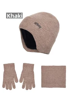 Three-piece khaki winter set with fleece-lined knit hat, gloves, and neck warmer details