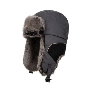 Thick dark gray winter Ushanka hat with warm brown faux fur lining and windproof fabric