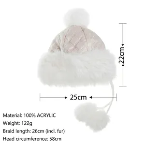 Off-white winter earflap hat with faux fur pom poms and warm quilted knit design