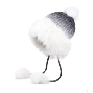 Women Winter Knit Beanie Hat With Faux Fur Trim Earflap Warm Gradient Pom Pom Cap For Outdoor Skiing Thick Windproof Hat
