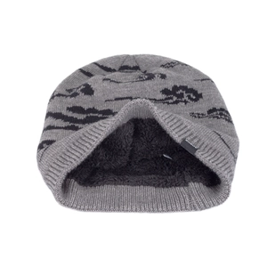 Winter thermal knit beanie for men with gray camouflage pattern and thick fleece lining