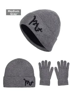 Detail view of Heather Grey winter knit beanie and gloves set with embroidery