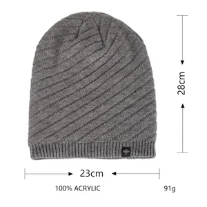 Men's grey winter knit beanie in diagonal twill acrylic fabric with size specifications