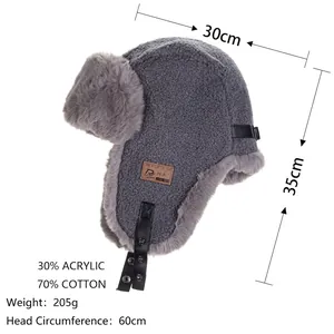 Winter aviator hat for men and women with grey faux rabbit fur lining and warm earflaps