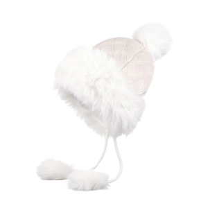 Quilted winter earflap hat in beige with faux fur lining and fluffy pompom accents