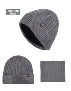 Detailed set of cable knit beanie and neck warmer with thick fleece lining in grey