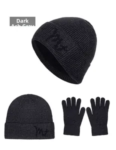 Detail view of Dark Heather Grey ribbed knit beanie and gloves set with embroidery