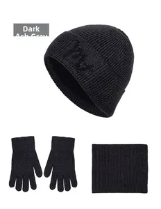 Three-piece winter knit set in dark heather grey featuring hat, gloves, and neck warmer