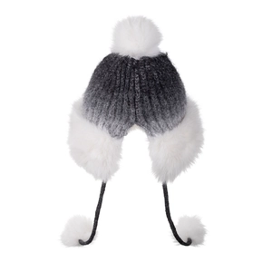 Winter thermal gradient knit trapper hat with white faux fur earflaps and pom-poms