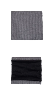 Detail showing the thick black fleece lining and grey ribbed knit fabric of the neck warmer