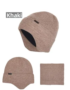 Detail of khaki winter knit hat and neck warmer set with warm fleece lining and ear protection