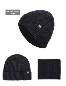Detailed knit texture of men's dark heather grey beanie and neck warmer winter set