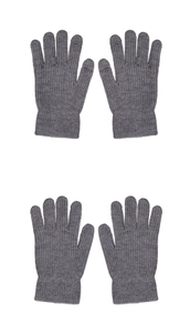 Detail von dunkelgrauen Strickhandschuhen mit Touchscreen-Funktion und Rippbündchen