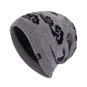 Warm men's winter knit beanie in grey with black jacquard pattern and fleece lining