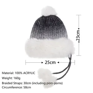 Winter thermal knit hat with grey-black gradient, faux fur trim and protective earflaps