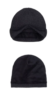 Detail view of the thick rib-knit texture and soft black fleece lining of the winter hat