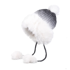 Winter thermal grey gradient trapper hat with white faux fur lining and plush pom-poms