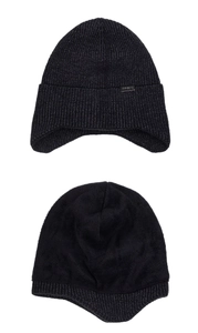 Detail view of the black knit beanie with dense stitching and warm thick fleece lining