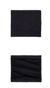 Detail of black ribbed knit neck warmer with soft fleece lining for thermal insulation