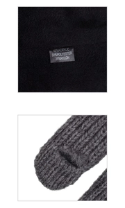 Detailed view of the rib-knit texture and material care label on a winter beanie