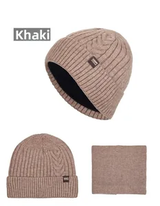 Detail view of khaki thermal knitted hat and neck gaiter set with thick fleece lining