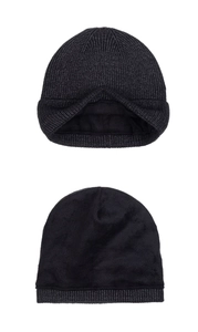 Detail showing thick black fleece lining and fine knit texture of the winter beanie