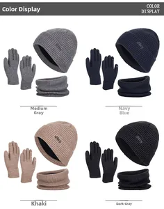 Winter-Set mit Strickmütze, Loop-Schal und Handschuhen in vier Farben mit Rippmuster