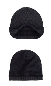 Close-up of knit winter beanie featuring thick black fleece lining for extra warmth