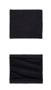 Close-up of black knitted neck warmer showing warm fleece lining and textured pattern
