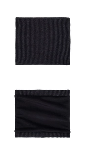 Detail showing the thick black fleece lining and ribbed knit texture of the neck warmer