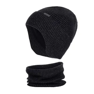 Men Women Winter Warm Knit Beanie Hat Scarf Set Thick Fleece Lined Earflap Cap Solid Ribbed Outdoor Skiing Neck Warmer