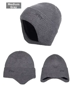 Three-angle view of grey knit earflap hat with thick thermal lining and xboy logo
