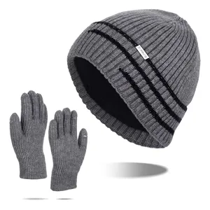 Bonnet en Tricot Chaud d'Hiver Et Gants à Écran Tactile Doublés de Polaire Rayé Acrylique Accessoires d'Hiver Thermiques Hommes Femmes