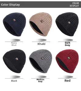 Showcase of six colors for the chunky knit beanie with fleece lining and leather patch