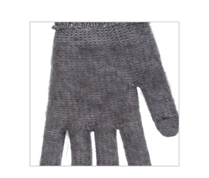 Close-up of charcoal grey knitted glove texture showing detailed fine knit craftsmanship