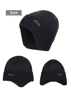 Detailed views of a thick winter knit beanie with earflaps and plush lining in dark heather gray