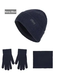 Marineblaues Winterset mit Rippstrickmütze, Fünf-Finger-Handschuhen und einem Strickschal