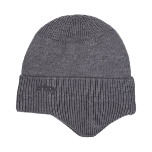 Dark grey knitted beanie with ear flaps and xhboy logo for winter warmth